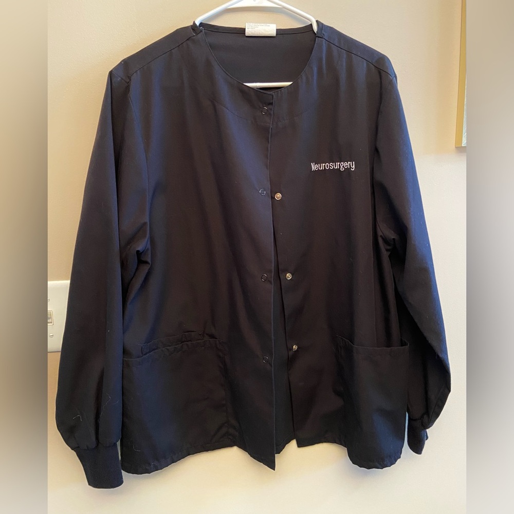 Black Medical Scrub Jacket with "Neurosurgery" Embroidery, snap closure